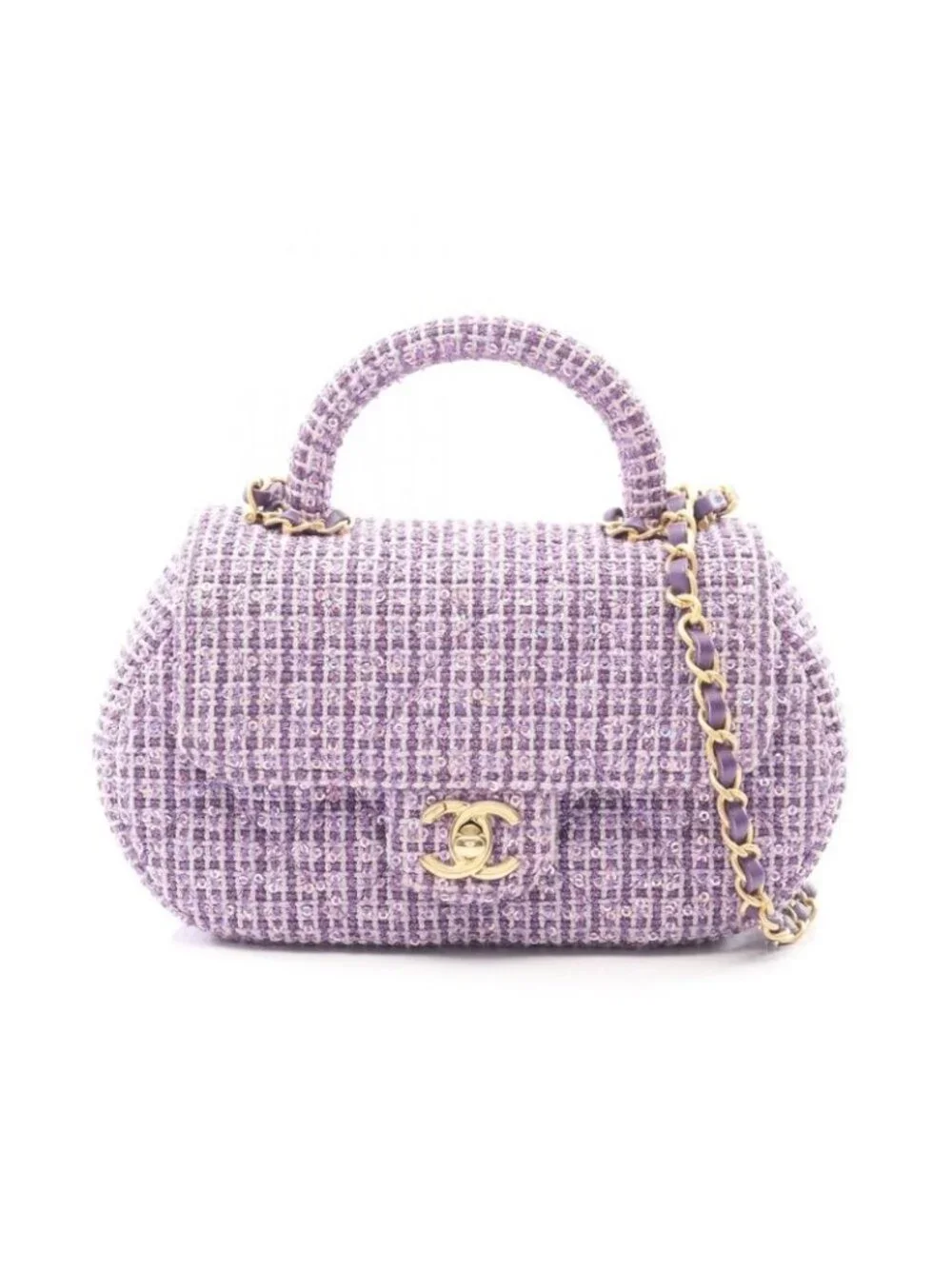 Chanel Shoulder Bag Quilted Top Handle Purple Fabric